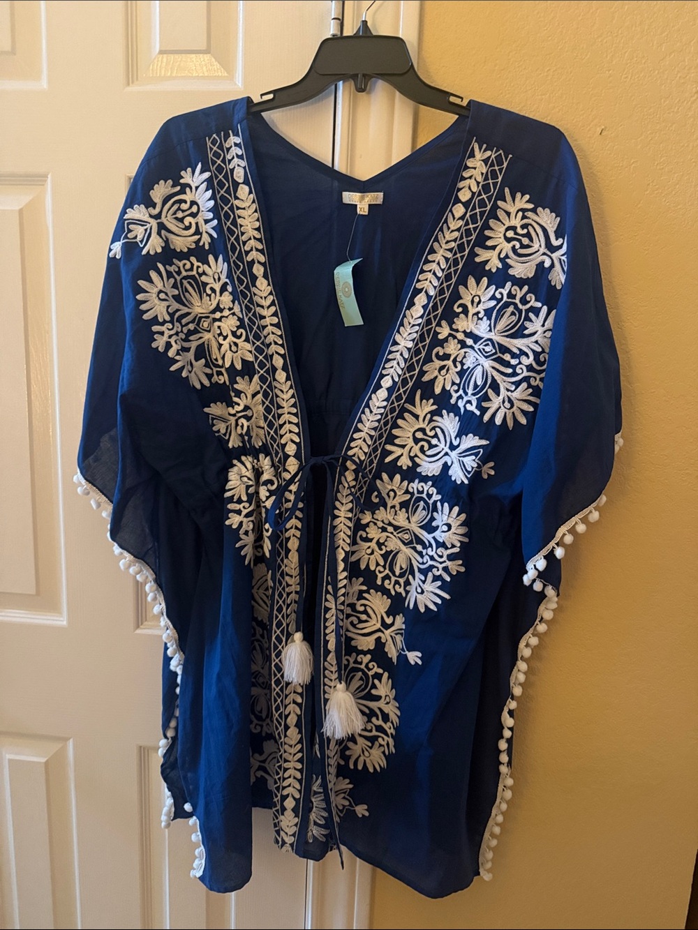 Navy Embroidered Kaftan Cover-Up with White Trim